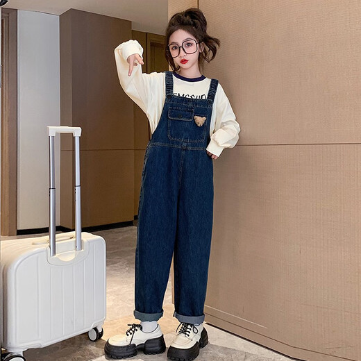 Chili Pepper Diary Girls Denim Overalls Spring and Autumn New Medium and Large Children's Style Loose Straight Temperament Versatile Casual Pants Overalls + Bottoming Shirt (Set) Size 150 Recommended height is about 135-145 cm