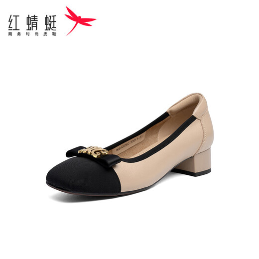 Red Dragonfly Women's Singles Shoes New Small Flavor Light Mouth Color Bundle Thick Heel Women's Dog Shoes Commuter Women's Singles Shoes WGB12056 Apricot Color 38