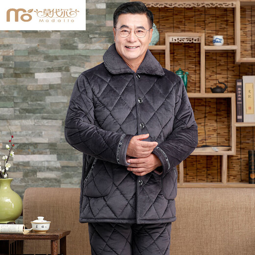 莫代尔中老年男士睡衣冬季加厚加绒珊瑚绒三层夹棉袄大码爸爸保暖家居服 681蓝色 三层加厚加绒 XL 建议120-140斤