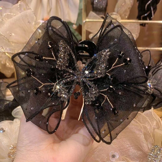 Capuchin Monkey Clip Women's 2024 New Bow Hair Clip Back of Head Clip Headwear High-end Hair Shark Clip Organza Double-sided Bow Clip About 11CM