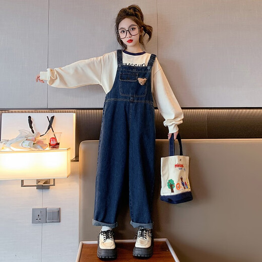 Chili Pepper Diary Girls Denim Overalls Spring and Autumn New Medium and Large Children's Style Loose Straight Temperament Versatile Casual Pants Overalls + Bottoming Shirt (Set) Size 150 Recommended height is about 135-145 cm