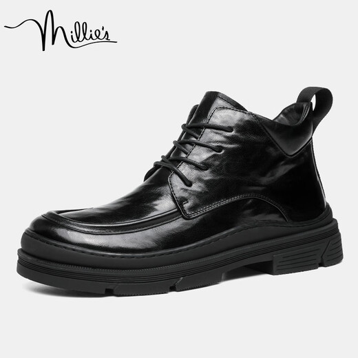 Millies Top Cose Cowhide Boots à l'épreuve du froid Martin Bottes de coton décontractées pour hommes Bottes en cuir chaud U1369 Black 42 masculin 42