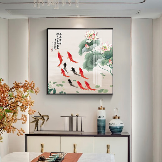 Xiaolulin Chinese style Jiuyu drawing decoration painting restaurant painting study office tea room hanging painting entrance entrance cabinet living room mural 15912 surplus every year porcelain diamond inlaid 90*90 black frame