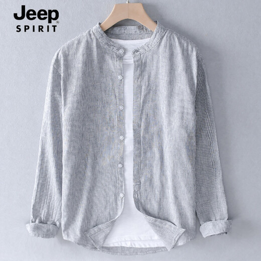 JEEP SPIRIT весенне-летняя льняная рубашка с круглым вырезом, мужская с небольшим воротником-стойкой, повседневная рубашка с длинными рукавами, куртка без воротника, верхняя одежда из хлопка и льна, тонкая 9207, зеленый в стиле милитари M