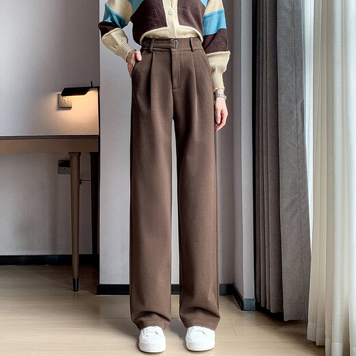 Fashimu 2024 Pantalon large en laine épaissie en velours d'automne pour les petits pantalons décontractés en tailleur à patte droite pour femmes 6636 Couleur de café plus routine de velours M recommandée 103-109jin [Jin est égal à 0,5 kg]