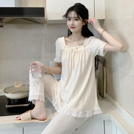 Shimba Rabbit Pyjamas à trois pièces pour femmes pour un pantalon à manches courtes en dentelle de style princesse à l'aspect haute de style princesse SYQM-J869 M BLANC M (Recommandé 80-100 Jin [Jin est égal à 0,5 kg]))