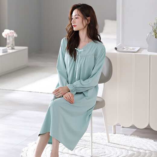 clolv kiss nightgown with chest pad for women new spring and autumn pure cotton long-sleeved dress pajamas women can wear home clothes outside in autumn 672 wave green (with chest pad) XL [165-170cm/120-145Jin[Jin equals 0.5 kg]]