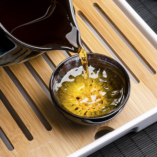 Jianzhan Kungfu tea set household kiln modified Tianmu glaze tea cup teapot tea tray ceramic Jun kiln sand gold tea set 10 heads (gold sand gold/beauty pot) + rectangular (striped) melamine/black