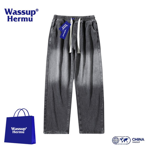 Wassup Hermu Offizielle trendige Jeans Herbst- und Winter American High Street Wide Bein Straight Hosen Lose Gradientenwäsche 5009 Blue L (Empfohlen 110-130jin [Jin entspricht 0,5 kg])