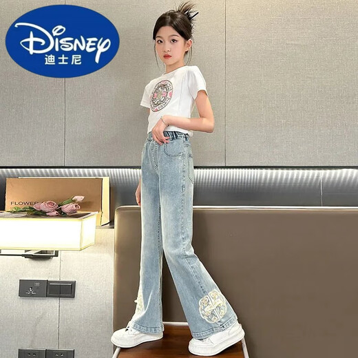 
Disney girls autumn pants new style fashionable Chinese style 2024 embroidered jeans medium-large children new Chinese style girl bell-bottom pants light blue [679 Chinese style embroidered bell-bottom pants] 160cm