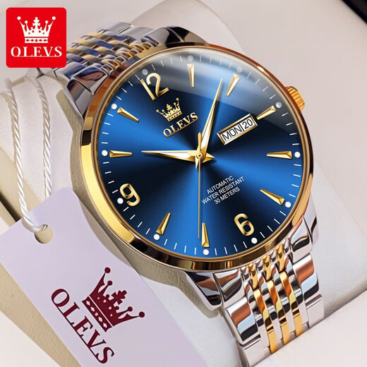 OLEVS Swiss certified brand watch men's mechanical watch fully automatic men's watch double calendar luminous waterproof high-end men's watch OLEVS-9928-steel belt blue