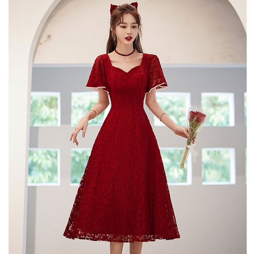 Lankaroni Lankaroni toast suit bride can wear wedding engagement dress return small evening dress lace burgundy medium length M