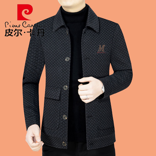 Pier Cardin woolen jacket for men short collar men's tweed jacket thickened warm middle-aged and elderly daddy suit knitted D21375 dark gray XL 180