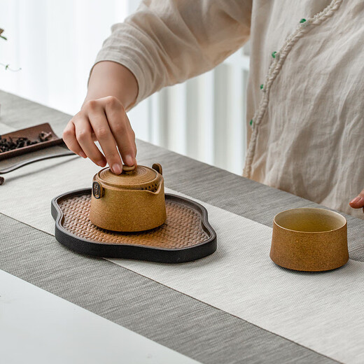 Wanqiantang travel tea set, ceramic Kung Fu tea set, portable outdoor tea set for boyfriend, friendship between gentlemen, yellow sand glaze