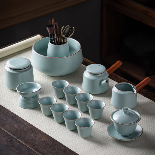 Gold inlaid jade imitation Song Dynasty Ru kiln tea set, complete set of household ceramic kung fu tea sets, teapots, lids, bowls, tea cans, gift boxes, Haoran side handle imitation Song Dynasty Ru kiln large set