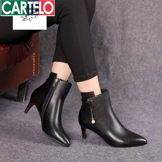 卡帝乐鳄鱼（CARTELO）2025秋冬新款黑色真皮中跟短靴女短筒细跟尖头高跟裸靴马丁靴女新 黑色绒里 38