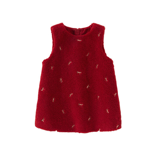 DAVE&BELLA Children's Plush Knitted Tank Top Winter New Year's Style Baby Girl Ant Velvet Dress Girls' Skirt Red Ready Stock 100 cm (recommended height 90-100cm)