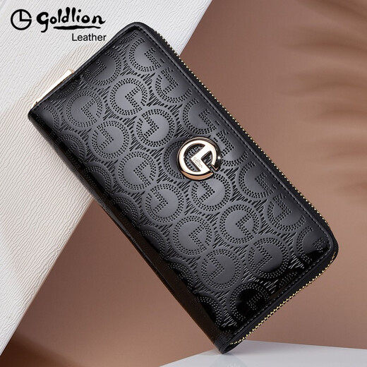 Goldlion handbag women's long wallet fashion glossy leather wallet multi-functional women's zipper cowhide clutch mother bag black exquisite gift box