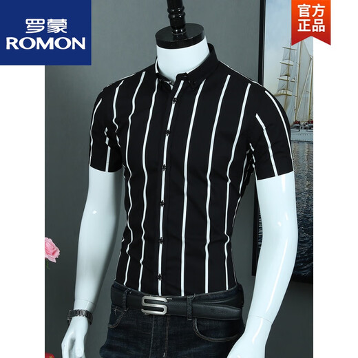 罗蒙（ROMON）棉黑白条纹衬衫男短袖夏薄粗条休闲衬衣竖条纹青年修身 CZLX5009D S 38