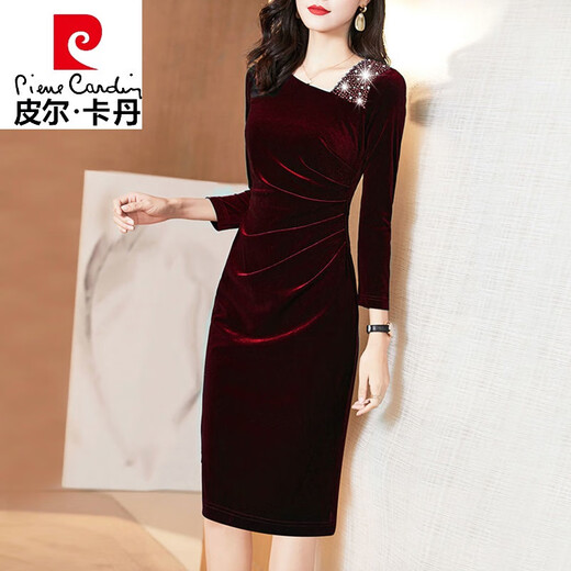 Vestido de noche Pier Cardin Vestido de terciopelo de oro para mujeres en otoño e invierno Nuevo noble y de moda falda larga más terciopelo falda cubierta de cadera espesa burdeos [sin vellón] XL recomendado 100-120Jin [Jin iguala 0.5 kg]