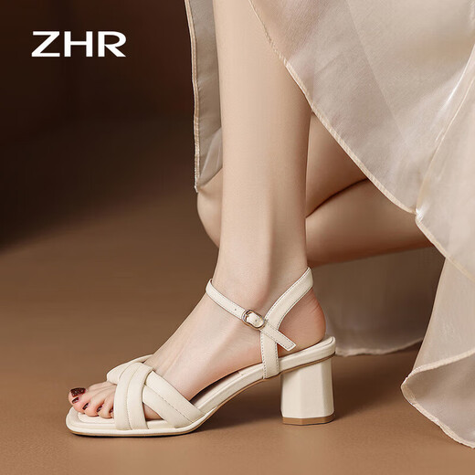 ZHR凉鞋女夏季优雅一字带粗跟女鞋温柔纯色高跟鞋子女 Y683 米色 37 