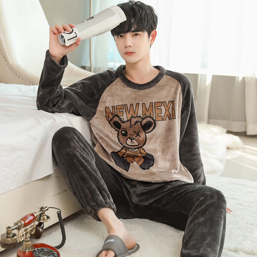 
Men's pajamas for men in autumn and winter flannel thick warm middle-aged and young students cartoon round neck winter home clothes WYEX3888 men's L size (recommended 90-115 Jin [Jin equals 0.5 kg]) All size