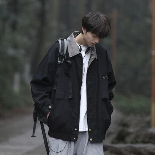 OEMG Japanese cityboy hunting lapel jacket men's spring, autumn and winter trendy baseball uniform workwear casual jacket black L recommended 110-125Jin Jin equals 0.5 kg