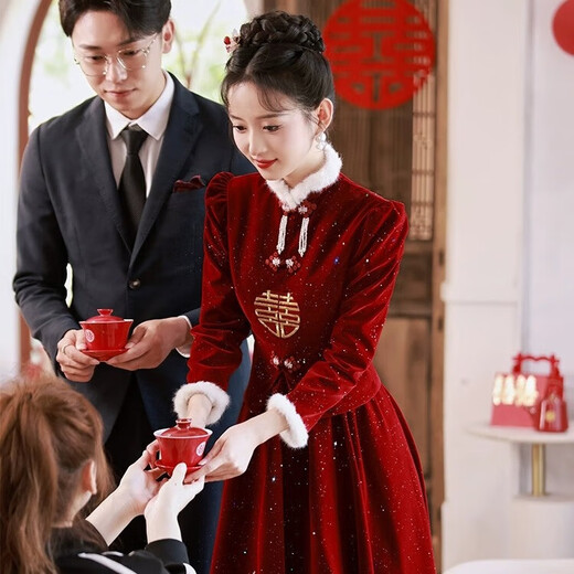 Li Baixin Cheongsam Toast Wear Bride 2025 New Burgundy Engagement Dress Chinese Wedding Long Sleeve Velvet Thickened Winter Burgundy M Recommended 90-100Jin Jin is equal to 0.5 kg