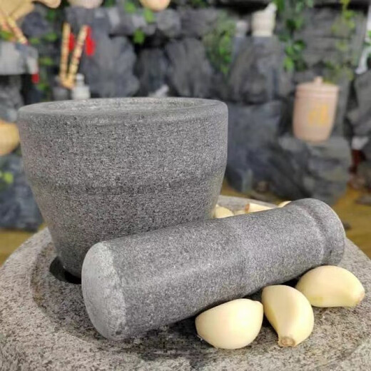 Meikejie green lime garlic mortar garlic masher stone mortar household manual old-fashioned stone nest natural stone garlic mash artifact mash pot medium black bluestone harder hardness suitable for 2 to 4