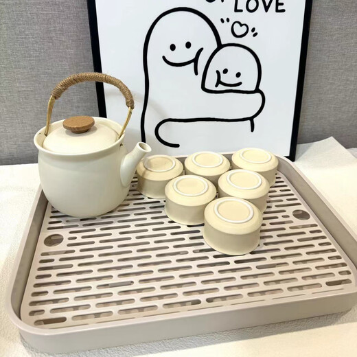 Large double-layer tea tray household rectangular drain tray water cup cup holder living room coffee table fruit tray plastic not broken beige double layer drainable