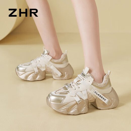 ZHR dad shoes for women with lightweight thick sole heightened casual shoes versatile trendy round-toe women's shoes G677 gold 36
