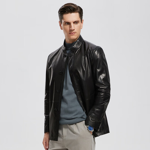 Snow Leopard [Special Offer] Haining Men's Genuine Leather Leather Clothes Mid-Length Top Layer Goatskin Business Casual Leather Jacket Black 175/96A(50)