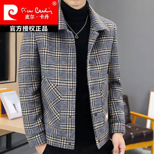 Pierre Cardin 2025 autumn and winter new plaid woolen coat men's lapel jacket young men handsome woolen coat knitted R2206 blue plaid 2XL (about 145~160Jin Jin equals 0.5 kg can be worn)