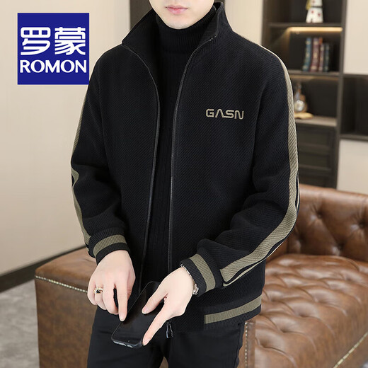 ROMON stand-collar woolen jacket men's autumn and winter business casual young and middle-aged handsome thickened warm woolen jacket top clothes regular style - black 2XL size