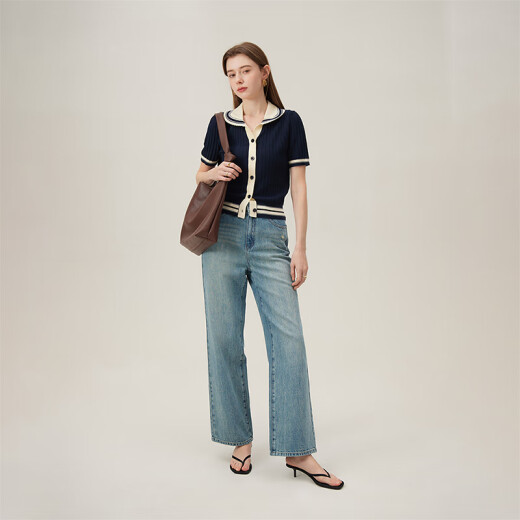 Fan Silan College Style versatile contrasting color POLO collar knitted cardigan 2024 summer new top 24FS12115 Navy blue M