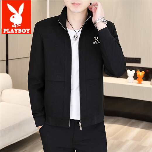 Playboy (PLAYBOY) Men's new stand-up collar jacket zipper shirt top spring and autumn casual fashion Korean style young handsome boy jacket 2687 black 2XL