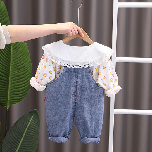 可歆宝贝童装女童两件套洋气儿童衣服婴儿2024春秋装小童宝宝背带裤套装潮 粉色（小碎花背带裤套装） 90 码建议1-2岁（身高85左右）