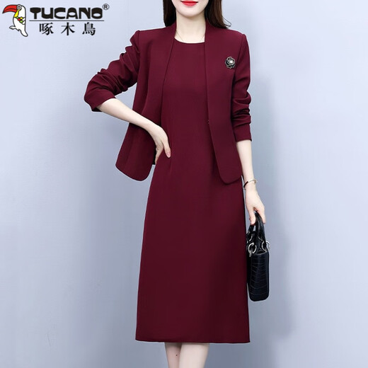 啄木鸟（TUCANO）喜婆婆婚宴装连衣裙女秋冬新款妈M妈晚礼服小西装外套两件套装 酒红色 2XL125-140斤