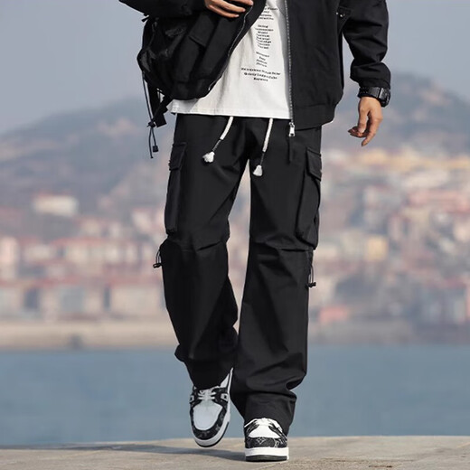 POUM American workwear pants for men in spring, autumn and summer new fashion high street straight sports functional style casual long pants JCDM-K1306 black XL (recommended 130-145Jin Jin equals 0.5kg)