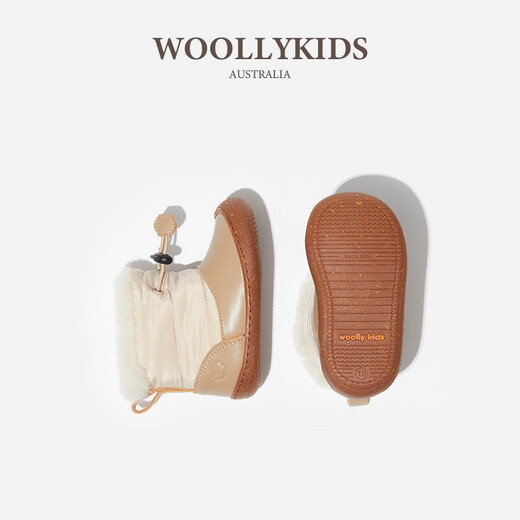 Woolykids genuine leather plus fur toddler shoes for men and women, winter warm anti-ski boots for boys and girls, soy milk brown, size 22, inner length 14.5cm, suitable for feet 13.5cm long
