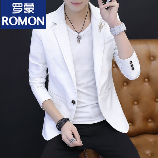 
ROMON PU leather suit men's spring and autumn new casual long-sleeved suit jacket slim Korean style leather handsome youth jacket 1712 white M