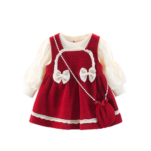 Kexin baby children's clothing girls spring dress two-piece fashionable spring dress baby girl fashionable princess dress suit baby clothes red with bag (GA057) 90 size recommended 1-2 years old (weight 9-12KG)