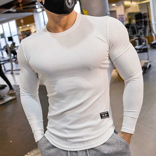 Lutielang sports tights men's long-sleeved T-shirt elastic quick-drying muscle training top running fitness coach gray L