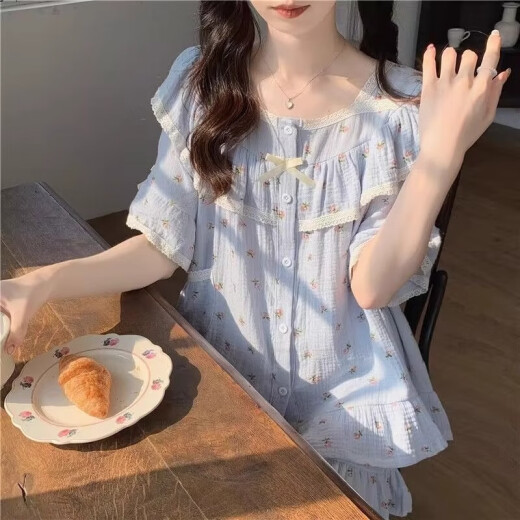 另约2024新款睡衣女夏季棉质短袖田园风碎花少女生甜美夏天薄款家居服 M1283LA 小粉花 蓝色 L