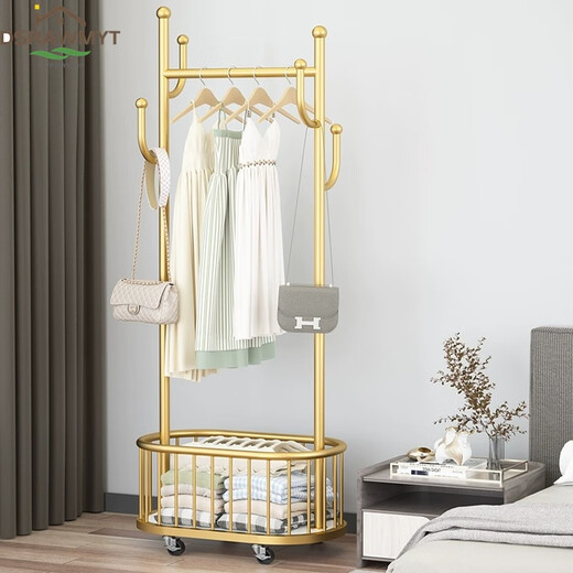 DSRAWMYT coat rack with wheels, movable bedroom multi-functional storage rack, light luxury clothes hanger, floor-standing gift, champagne gold 80CM, with rollers + with basket
