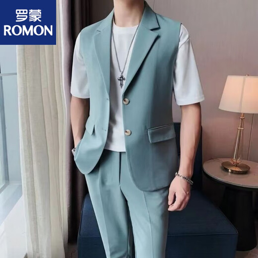 罗蒙（ROMON）2025夏季男装痞帅感无袖马甲西服外套时尚商务休闲西装上衣薄 9874#雾蓝色 3XL 170-190
