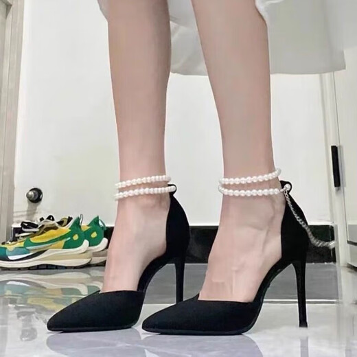 Qiaoyi Spring y Autumn New French Toe Toe Slim High Heels Hada Fairy Style One-Tie Pearl Sandals for Women Black [tamaño 37] (altura del talón 7 cm)
