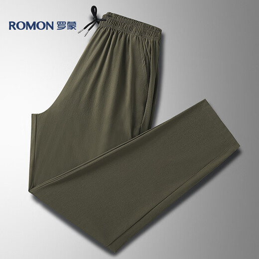 
ROMON casual pants men's summer loose sports straight pants ice silk elastic nine-point pants men's clothing 718 military green 2XL