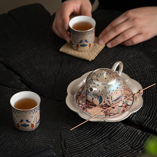 SUSHI CERAMICS Dunhuang gilt silver tea set set by Chen Desheng, the national intangible cultural heritage inheritor, one pot and two cups accompanying the gift box
