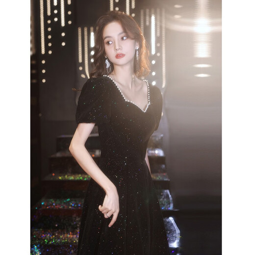 Seidler Art Examination Black Evening Dress Women's Bankett Temperament Annual Meeting Light Luxury Nische High-End-Kunstuntersuchung Französisch Hosting Textur Black L (vorgeschlagen 106-115jin [Jin ist gleich 0,5 kg])